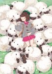  1girl backpack bag brown_hair closed_eyes commentary creature dated english_commentary facing_viewer gen_8_pokemon grass green_headwear highres matchaneko outdoors pokemon pokemon_(creature) pokemon_(game) pokemon_swsh short_hair signature sleeping wooloo yuuri_(pokemon) 