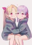  2girls bangs blonde_hair blush breasts earrings ereshkigal_(fate/grand_order) fate/grand_order fate_(series) grey_hoodie hair_ribbon heart infinity jewelry kama_(fate/grand_order) long_hair long_sleeves looking_at_another multiple_girls parted_bangs pink_eyes red_eyes ribbon short_hair silver_hair simple_background sitting small_breasts thighs two_side_up younger zenshin 
