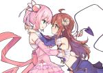  2girls ahoge blush brown_eyes brown_hair chiyoda_momo curled_horns demon_girl demon_horns demon_tail detached_sleeves eye_contact eyebrows_visible_through_hair haemori_ako hair_ornament highres horns hug kannazuki_no_miko long_hair looking_at_another machikado_mazoku magical_girl miko_embrace multiple_girls open_mouth parody pink_hair revealing_clothes shiny shiny_hair short_hair simple_background tail white_background yoshida_yuuko_(machikado_mazoku) yuri 