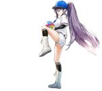  1girl arm_warmers artist_request azur_lane baseball baseball_cap baseball_mitt belt bird black_legwear blue_eyes chick diffraction_spikes grey_hair hair_between_eyes hair_through_headwear hat highres intrepid_(azur_lane) intrepid_(one_intrepid_pitch)_(azur_lane) kneehighs leg_up long_hair looking_at_viewer manjuu_(azur_lane) mole mole_on_thigh official_art ponytail shirt shoes short_shorts short_sleeves shorts sidelocks sneakers solo standing standing_on_one_leg thighs transparent_background very_long_hair white_footwear white_shirt white_shorts xiao_chichi 