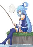  ... 1girl aqua_(konosuba) bangs bare_shoulders blue_eyes blue_footwear blue_hair blush boots breasts commentary_request detached_sleeves eyebrows_visible_through_hair fishing fishing_rod hair_ornament hair_rings kono_subarashii_sekai_ni_shukufuku_wo! long_hair medium_breasts open_mouth pensuke simple_background sitting skirt solo thigh-highs water white_background white_legwear 