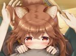  animal_ear_fluff animal_ears blush brown_eyes brown_hair child from_above hair_brush hair_brushing kneeling long_hair looking_at_viewer looking_up pants pov psyche3313 raccoon_ears raccoon_tail raphtalia shirt shirt_grab smile tail tate_no_yuusha_no_nariagari 