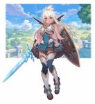  1girl armor bangs brown_eyes brown_gloves gloves granblue_fantasy hair_between_eyes highres holding holding_sword holding_weapon kakage long_hair open_mouth outdoors plant shield smile solo sword tan thigh-highs tree weapon white_hair zooey_(granblue_fantasy) 