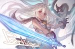  1girl absurdres armor bangs dragon gloves granblue_fantasy_versus hair_between_eyes highres holding holding_sword holding_weapon long_hair official_art red_eyes solo sword tan weapon white_hair zooey_(granblue_fantasy) 