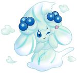 alcremie blue_eyes commentary creature full_body gen_8_pokemon highres no_humans one_eye_closed pokemon pokemon_(creature) signature solo symbol_commentary transparent_background valentilly 