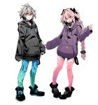  2boys astolfo_(fate) black_choker blue_legwear braid choker fate/apocrypha fate_(series) grey_hair hair_ribbon haoro long_hair looking_at_viewer multicolored_hair multiple_boys open_mouth otoko_no_ko pink_hair pink_legwear redhead ribbon ribbon_choker short_hair sieg_(fate/apocrypha) sweater tagme thigh-highs violet_eyes white_hair 