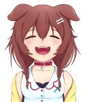  1girl :d absurdres animal_ears braid brown_hair collar dog_ears fang fangs hair_ornament highres hololive inugami_korone korone open_mouth smile solo tied_hair twin_braids upper_body virtual_youtuber 