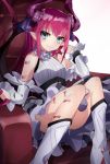 1girl absurdres blue_eyes boots breasts detached_sleeves dragon_horns dress elizabeth_bathory_(fate) elizabeth_bathory_(fate)_(all) eyebrows_visible_through_hair fate/extra fate/grand_order fate_(series) frilled_dress frilled_sleeves frills hair_ornament hair_ribbon highres horns long_hair looking_at_viewer pink_hair plaid plaid_skirt pointy_ears ribbon sitting skirt small_breasts smile solo tail white_footwear