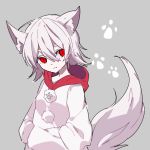  1girl alternate_costume animal_ear_fluff animal_ears bangs chewing colored_eyelashes expressionless gla grey_background hair_between_eyes hands_in_pockets hood hood_down hoodie inubashiri_momiji long_sleeves looking_to_the_side paw_background paw_print pom_pom_(clothes) print_hoodie red_eyes red_hood short_eyebrows short_hair silver_hair sketch solo tail touhou upper_body white_hoodie wolf_ears wolf_tail 