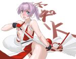  1girl blue_eyes blush breasts character_name closed_fan commentary_request cosplay cowboy_shot embarrassed fan fatal_fury folding_fan gauntlets highres kantai_collection looking_at_viewer namesake nose_blush panties pelvic_curtain pink_hair ponytail red_panties revealing_clothes shiranui_(kantai_collection) shiranui_mai shiranui_mai_(cosplay) short_hair simple_background small_breasts solo sozan the_king_of_fighters underwear white_background 