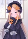  1girl abigail_williams_(fate/grand_order) bangs black_bow black_dress black_headwear blonde_hair blue_eyes blush bow breasts closed_mouth dress fate/grand_order fate_(series) forehead hair_bow hat long_hair looking_at_viewer multiple_bows orange_bow parted_bangs polka_dot polka_dot_bow ribbed_dress sleeves_past_fingers sleeves_past_wrists small_breasts smile solo suzuho_hotaru 
