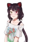  1girl :3 alternate_costume animal_ears bangs blunt_bangs blush collarbone commentary_request eyebrows_visible_through_hair fangs fangs_out hair_ornament heterochromia inui_toko long_hair looking_at_viewer low_twintails nijisanji red_eyes simple_background smile solo twintails twrlare upper_body virtual_youtuber white_background yellow_eyes 