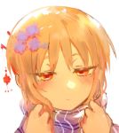  1girl blonde_hair blush buttoniris closed_mouth commentary english_commentary flower hair_flower hair_ornament hairpin hands_up jitome orange_eyes original portrait purple_flower purple_scarf scarf simple_background solo two_(buttoniris) white_background 