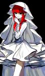  1girl absurdres black_background black_eyes buttoniris commentary dress english_commentary eyebrows_visible_through_hair hand_up highres katherine_(buttoniris) long_hair long_sleeves looking_at_viewer original redhead smile solo standing veil white_dress white_skin 