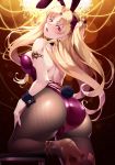  1girl animal_ears ass back bangs blonde_hair blush breasts bunny_tail bunnysuit detached_collar earrings ereshkigal_(fate/grand_order) fate/grand_order fate_(series) fishnet_legwear fishnets gradient gradient_background high_heels highleg highleg_leotard infinity jewelry large_breasts leotard long_hair looking_at_viewer looking_back mukunokino_isshiki open_mouth parted_bangs purple_leotard rabbit_ears red_eyes solo tail thighs two_side_up wrist_cuffs 