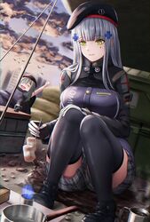  2girls bangs beret blunt_bangs breasts food g11_(girls_frontline) girls_frontline green_eyes hat highres hk416_(girls_frontline) large_breasts long_hair marshmallow multiple_girls sabakuomoto silver_hair sleeping_bag smile solo_focus thigh-highs zettai_ryouiki 