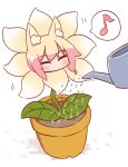  1girl ^_^ animal_ear_fluff animal_ears bangs blush closed_eyes commentary_request eighth_note eyebrows_visible_through_hair flower flower_pot fox_ears fox_tail highres kemomimi-chan_(naga_u) musical_note naga_u original plant potted_plant shadow solo spoken_musical_note tail water watering watering_can white_background yellow_flower 