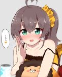  1girl ahoge bangs beer_can blush brown_hair can drunk ebi_frion_(natsuiro_matsuri) green_eyes hair_between_eyes heart_ahoge highres hololive looking_at_viewer medium_hair natsuiro_matsuri open_mouth orange_legwear scrunchie seigan_subaru side_ponytail socks solo strap_slip translated virtual_youtuber whispering yellow_scrunchie 