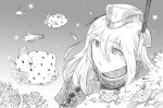  1girl coral fish garrison_cap hat kantai_collection long_hair monochrome u-511_(kantai_collection) underwater 