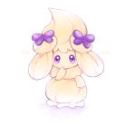  alcremie alcremie_(caramel_swirl) alcremie_(ribbon_sweet) cesar commentary_request creature english_text full_body gen_8_pokemon highres looking_at_viewer no_humans pokemon pokemon_(creature) simple_background solo standing violet_eyes white_background 