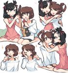  2girls :d black_hair blue_eyes brown_eyes brown_hair charamells commentary dress english_commentary eye_contact eyelashes flat_chest highres hug long_hair looking_at_another mary_(pokemon) multiple_girls open_mouth pink_dress pokemon pokemon_(game) pokemon_swsh short_dress short_hair simple_background sitting smile sparkle white_background white_dress yuuri_(pokemon) 