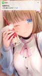  1girl ;t bangs black_choker blue_eyes blue_jacket blush brand_name_imitation breasts brown_hair bubble_tea choker closed_mouth commentary_request cup disposable_cup dress_shirt drinking_straw eyebrows_visible_through_hair hair_ribbon highres hime-chan_(ramchi) holding holding_cup jacket line_(naver) long_hair looking_at_viewer off_shoulder one_eye_closed open_clothes open_jacket original pink_ribbon ramchi ribbon self_shot shirt small_breasts solo translation_request upper_body wavy_mouth white_shirt 