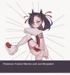  1girl black_hair blush clarevoir commentary emphasis_lines english_commentary english_text looking_at_viewer mary_(pokemon) pokemon pokemon_(game) pokemon_swsh shoes simple_background solo standing standing_on_one_leg tied_hair white_background 