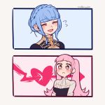  2girls artist_name blue_hair braid closed_eyes closed_mouth crown_braid do_m_kaeru fire_emblem fire_emblem:_three_houses garreg_mach_monastery_uniform hilda_valentine_goneril long_hair marianne_von_edmund multiple_girls open_mouth pink_eyes pink_hair simple_background twintails uniform upper_body yuri 