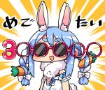  1girl :d animal_ear_fluff animal_ears bangs blue_hair bow braid carrot_hair_ornament chibi detached_sleeves dress eyebrows_visible_through_hair facing_viewer food_themed_hair_ornament hair_bow hair_ornament hololive kanikama lowres multicolored_hair open_mouth puffy_short_sleeves puffy_sleeves rabbit_ears red-framed_eyewear short_eyebrows short_sleeves sidelocks smile solo sunglasses thick_eyebrows translation_request twin_braids twintails two-tone_hair upper_body usada_pekora virtual_youtuber white_bow white_dress white_hair white_sleeves 
