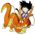  1boy :o animal black_eyes black_hair collarbone commentary dougi dragon dragon_ball dragon_ball_(classic) dragon_riding english_commentary expressionless fingernails floating_hair flying full_body grabbing highres horn_grab horns looking_afar looking_away male_focus messy_hair monkey_tail nyoibo official_art open_mouth red_eyes riding sharp_teeth simple_background son_gokuu spiky_hair standing tail teeth toriyama_akira whiskers white_background 