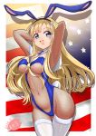  1girl american_flag animal_ears arm_up armpits arms_behind_head arms_up bare_shoulders blonde_hair blue_eyes bow bowtie breasts bunny_girl bunny_tail bunnysuit commentary_request double_bun fake_animal_ears fishnets fletcher_(kantai_collection) kantai_collection large_breasts leotard long_hair looking_at_viewer mokerou navel rabbit_ears solo strapless strapless_leotard tail 
