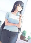  1girl alternate_costume black_hair breasts cactus collarbone commentary_request cowboy_shot cup denim dutch_angle highres indoors jeans kantai_collection large_breasts long_hair looking_to_the_side mug nagato_(kantai_collection) pants plant red_eyes shirt smile solo t-shirt vent_arbre window 