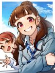 2girls arm_up bangs blue_neckwear blue_sky blush brown_eyes brown_hair collar collared_shirt crossed_arms day eyebrows_visible_through_hair frame hair_bun highres hood hood_down houjou_karen idolmaster idolmaster_cinderella_girls jacket kakaobataa kamiya_nao long_hair long_sleeves looking_at_viewer multiple_girls necktie neckwear open_mouth outdoors red_eyes school_uniform shirt short_hair sky smile teeth thick_eyebrows uniform upper_body waving waving_arm white_shirt