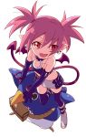  1girl armlet bare_shoulders bat_wings belt belt_boots boots bra choker collar collarbone demon_tail disgaea earrings elbow_gloves etna eyebrows_visible_through_hair fang fanny_pack flat_chest gloves grey_footwear highres jewelry knee_boots leaning_on_person leg_support looking_at_viewer makai_senki_disgaea miniskirt namori o-ring o-ring_choker open_mouth pointy_ears prinny red_eyes red_tail red_wings redhead skirt skull_earrings tail thigh-highs thighhighs_under_boots twintails underwear wings 
