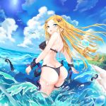  1girl abigail_williams_(fate/grand_order) absurdres angry9565 ass back bangs beach bikini black_bikini black_bow blonde_hair blue_eyes blush bow breasts fate/grand_order fate_(series) forehead highres long_hair looking_at_viewer looking_back medium_breasts multiple_bows ocean older open_mouth orange_bow parted_bangs polka_dot polka_dot_bow solo swimsuit tentacles thighs wading 