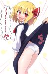  !? 1girl ass black_dress blonde_hair blush dress dress_lift embarrassed fang from_side hair_ribbon long_sleeves medium_hair open_mouth panties red_eyes red_neckwear red_ribbon ribbon rizento rumia shirt solo_focus standing tears touhou underwear wavy_mouth white_background white_panties white_shirt 