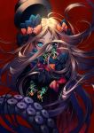  1girl abigail_williams_(fate/grand_order) bangs black_bow black_dress black_headwear blonde_hair blue_eyes bow breasts bug butterfly dress fate/grand_order fate_(series) forehead hair_bow hat highres insect long_hair multiple_bows orange_bow parted_bangs red_background ribbed_dress sleeves_past_fingers sleeves_past_wrists small_breasts solo tenobe tentacles 