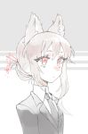  1girl animal_ears black_jacket black_neckwear blush buttoniris cat_ears closed_mouth collared_shirt commentary dot_nose english_commentary from_side grey_background grey_hair hair_bun hair_ornament hairpin jacket kemonomimi_mode necktie nose_blush original red_eyes shirt solo two_(buttoniris) upper_body white_shirt wing_collar 