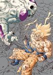  2boys abs anger_vein angry blonde_hair blood blood_on_face blue_footwear boots clenched_hands clenched_teeth clouds cloudy_sky collarbone destruction dirty dirty_clothes dirty_face dougi dragon_ball dragon_ball_z dust dutch_angle electricity fingernails floating_rock flying frieza from_above frown green_eyes grey_background grin highres lee_(dragon_garou) lightning lightning_bolt looking_at_another looking_down male_focus monochrome mountain multiple_boys muscle nipples open_mouth partially_colored pectorals profile red_eyes rock shaded_face shirt simple_background sky smile son_gokuu spiky_hair super_saiyan teeth torn_clothes torn_legwear torn_shirt v-shaped_eyebrows veins wristband 