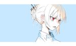  1girl blonde_hair blue_background buttoniris collared_shirt commentary english_commentary from_side hair_bun hair_ornament hairpin letterboxed open_mouth original red_eyes shirt simple_background solo two_(buttoniris) upper_body white_shirt wing_collar 
