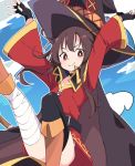  1girl arms_up bandaged_leg bandages belt black_belt black_cape black_gloves black_headwear black_legwear brown_hair cape closed_mouth fingerless_gloves gloves hat ixy kono_subarashii_sekai_ni_shukufuku_wo! long_sleeves looking_at_viewer megumin red_eyes short_hair short_hair_with_long_locks single_thighhigh smile solo thigh-highs wizard_hat 