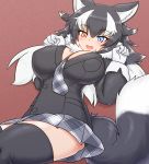  1girl animal_ears between_breasts black_legwear blue_eyes blush breast_pocket breasts commentary commentary_request eyebrows_visible_through_hair fang fur_collar gloves grey_wolf_(kemono_friends) heterochromia highres kemono_friends large_breasts long_hair looking_at_viewer lying mo23 multicolored_hair necktie necktie_between_breasts on_back open_mouth pocket solo tail thigh-highs two-tone_hair white_gloves wolf_ears wolf_girl wolf_tail yellow_eyes zettai_ryouiki 