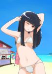  3girls absurdres bangs beach bikini black_hair blue_sky blunt_bangs brown_eyes cowboy_shot day fubuki_(kantai_collection) hatsuyuki_(kantai_collection) highres hime_cut horizon house kantai_collection long_hair looking_at_viewer multiple_girls ocean one_eye_closed outdoors shirayuki_(kantai_collection) sky solo_focus swimsuit toplow white_bikini 