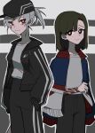  2girls black_jacket black_pants bright_pupils brown_eyes buttoniris character_request closed_mouth commentary english_commentary freckles green_hair grey_hair grey_shirt highres jacket jacket_on_shoulders looking_at_viewer medium_hair multiple_girls pants parties_are_for_losers ponytail red_eyes scar shirt smile track_suit vocaloid 