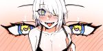  1girl black_bra blue_eyes blush bra breasts buttoniris commentary english_commentary frilled_bra frills hair_over_one_eye heart heart-shaped_pupils heart_in_eye large_breasts multicolored multicolored_eyes nose_blush original solo symbol-shaped_pupils symbol_in_eye tongue tongue_out underwear white_hair yellow_eyes zoom_layer 