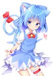  1girl animal_ear_fluff animal_ears arms_behind_back blue_eyes blue_skirt blue_vest blush bow bowtie cat_ears cat_tail cirno contrapposto cowboy_shot eyebrows_visible_through_hair garters heart highres kemonomimi_mode kuraaken looking_at_viewer neck_bell puffy_short_sleeves puffy_sleeves red_neckwear ribbon shirt short_sleeves simple_background skirt solo standing tail tail_ribbon touhou vest white_background white_shirt wings wrist_cuffs 