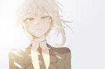  1girl black_jacket black_neckwear blush buttoniris closed_mouth collared_shirt commentary english_commentary grey_hair jacket looking_at_viewer necktie original pink_eyes shirt simple_background smile solo two_(buttoniris) upper_body white_background white_shirt wing_collar 