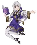  1girl absurdres book chaika_trabant closed_mouth cosplay dress ebinku fire_emblem fire_emblem:_three_houses full_body high_heels highres hitsugi_no_chaika holding holding_book long_hair long_sleeves lysithea_von_ordelia lysithea_von_ordelia_(cosplay) open_book silver_hair simple_background solo violet_eyes white_background white_legwear 