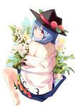  1girl bangs bare_shoulders barefoot black_headwear blue_hair blue_skirt commentary_request eyebrows_visible_through_hair fedora flower food from_behind fruit hat hinanawi_tenshi leaf long_hair looking_at_viewer looking_back miniskirt off_shoulder peach red_eyes shirt sitting skirt solo tetsurou_(fe+) touhou wariza white_background white_flower white_shirt 
