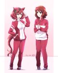  2girls animal_ears artist_logo bangs breasts brown_hair closed_mouth cosplay crossover dated ear_covers full_body gym_uniform hand_in_own_hair hand_on_hip heel_up hibike!_euphonium highres horse_ears horse_girl horse_tail jacket long_sleeves medium_breasts medium_hair multicolored_hair multiple_girls nice_nature_(umamusume) nii_manabu open_mouth oumae_kumiko own_hands_together pants red_jacket red_pants shoes smile sneakers split_mouth standing streaked_hair tail track_jacket twintails umamusume yellow_eyes 